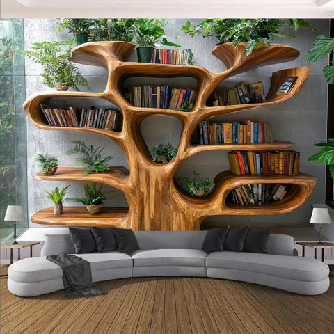 Tree Shaped Bookshelf with Artificial Green Plants Tapestry Wall Decoration Autumn & Christmas Decor For Reading Nooks Backdrops