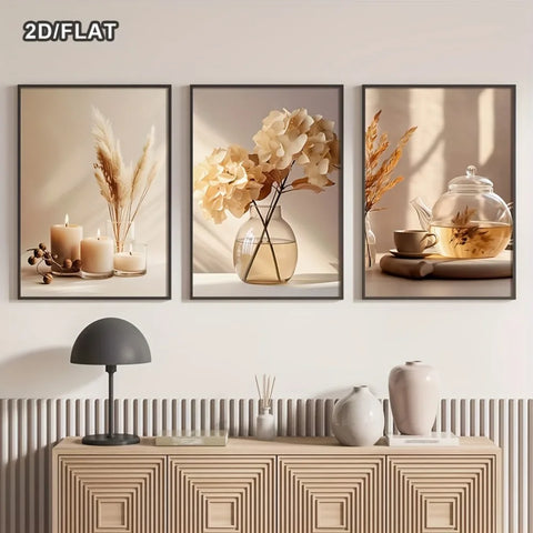 2d Plat,frameless,a Set of 3 Simple Beige Floral Modern Wall Art Prints,cream Hydrangea Plant Canvas Posters,floral Wall Decor