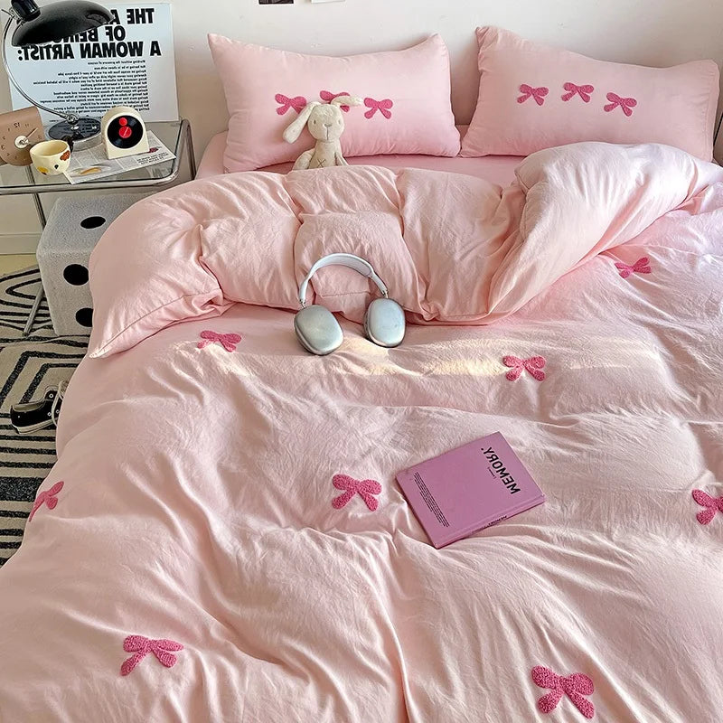 Cute Pink Bows Duvet Cover Set, 3D Embroidery Bedding Sets Pink Bed Set, Comfy Queen Comforter Covers Soft for Girls Kids Teens