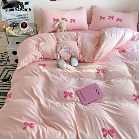 Cute Pink Bows Duvet Cover Set, 3D Embroidery Bedding Sets Pink Bed Set, Comfy Queen Comforter Covers Soft for Girls Kids Teens