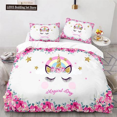 Unicorn Rainbow Duvet Cover Set King Twin Full Size Kids Boy Girl Bedding Set Colourful Cartoon Child Polyester Comforter Cover