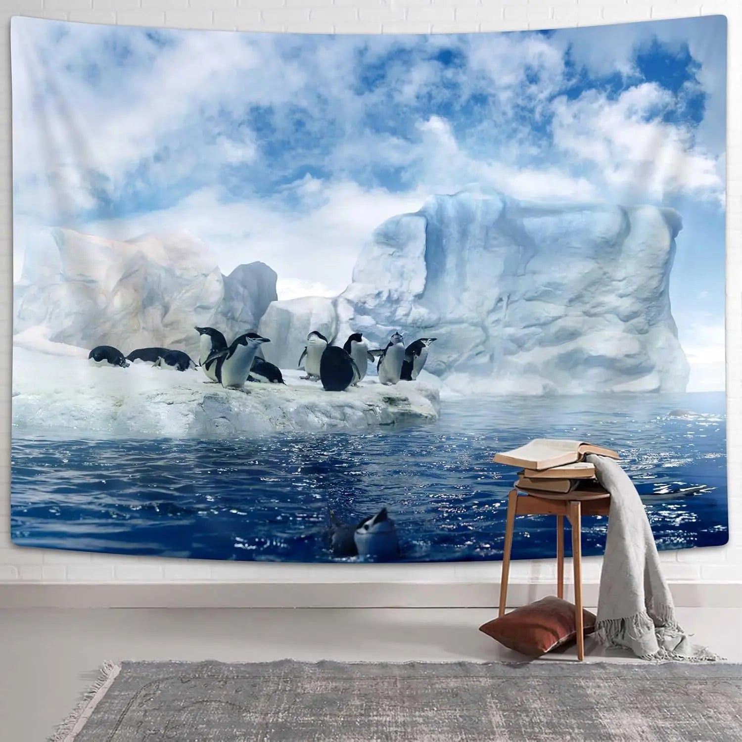 Antarctica Sea Animals Tapestry,Penguins on Winter Glacier Snow 3D Wall Hanging,Hippie Tapestries Blanket for Bedroom Living Roo