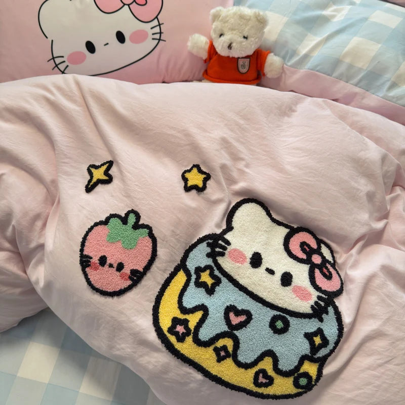 Cute Pink Cartoon Cat Towel Embroidery Girls Kids Bedding Set Soft Washed Cotton Duvet Covers Set Bed Sheet Pillowcases 3/4Pcs