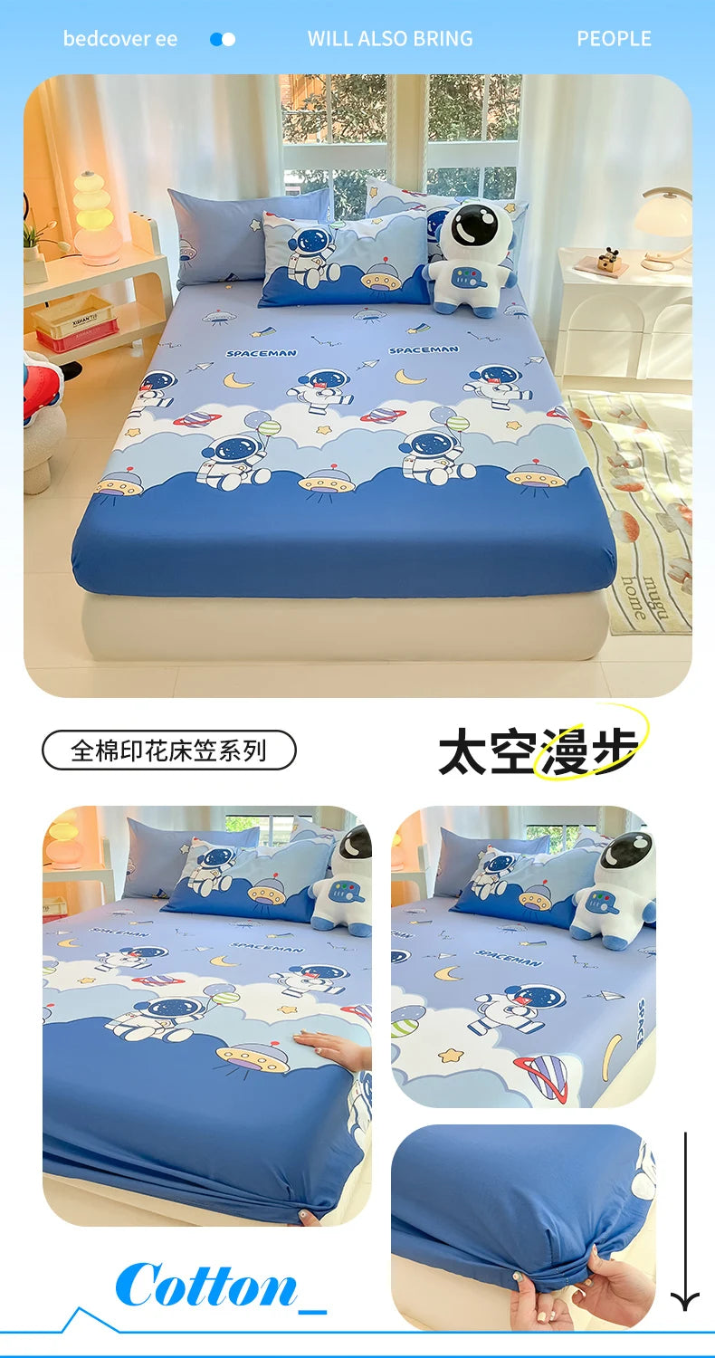 1pc 100%Cotton Bed Sheet for Kids Cartoon Style Car Printed Fitted Sheet with Elastic Band for Boys Pure Cotton Single Bed Cover
