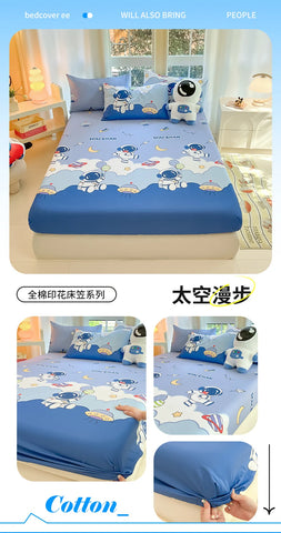 1pc 100%Cotton Bed Sheet for Kids Cartoon Style Car Printed Fitted Sheet with Elastic Band for Boys Pure Cotton Single Bed Cover