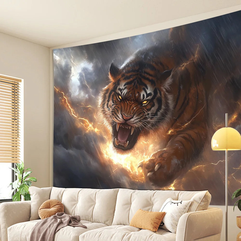 3D Tiger with Stormy Clouds and Lightning Background Cloth, Polyester, Wall Tapestry for Living Room, Bedroom, Office, Party Dec