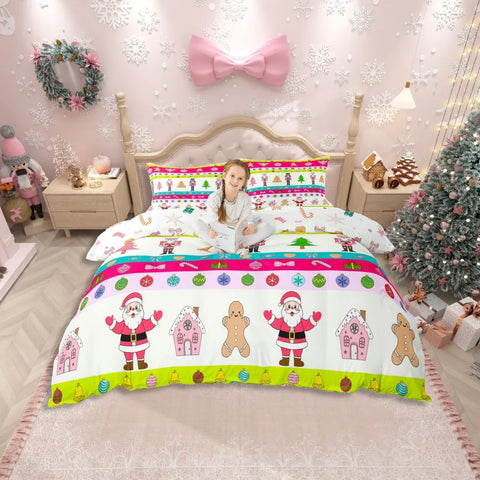 Homewish Girly Christmas Nutcracker Duvet Cover Set for Kids,Princess Cute Bowknot Bedding Set,Pink Abstract Stripes Bed Set