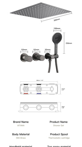 AITANA Minimalist Gun Grey Brass Ceiling Shower System Hidden Embedded Dual Handle Cold and Hot Water 2-Function Bathroom Mixer