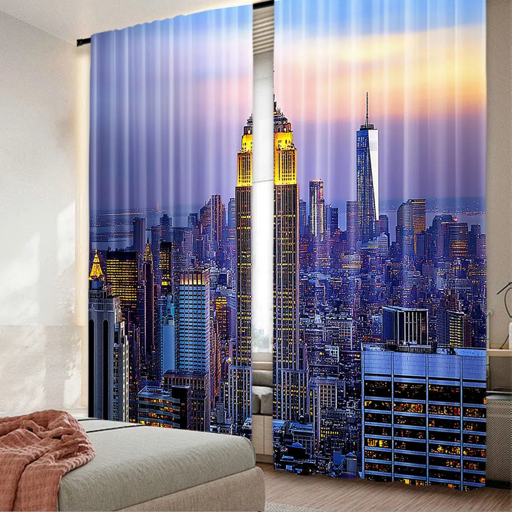 2Pcs Modern Curtain New York City Skyline With Skyscrapers At Sunset Night American Urban Life For Bedroom Living Room Dining