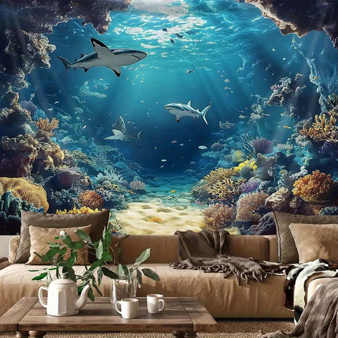 "Underwater Shark Tapestry - Polyester Brushed Fabric | Ocean Theme Wall Hanging for Living Room, No Battery/Electricity"