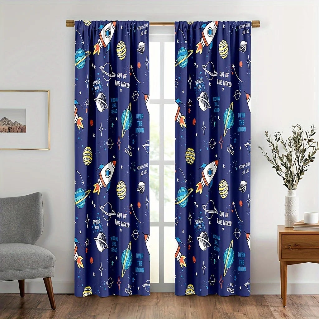 2PCS Cartoon Out Space Curtains for Boys Girls Universe Planet Window Drapes Rod Pocket Galaxy Rocket Astronaut Blue Curtains.