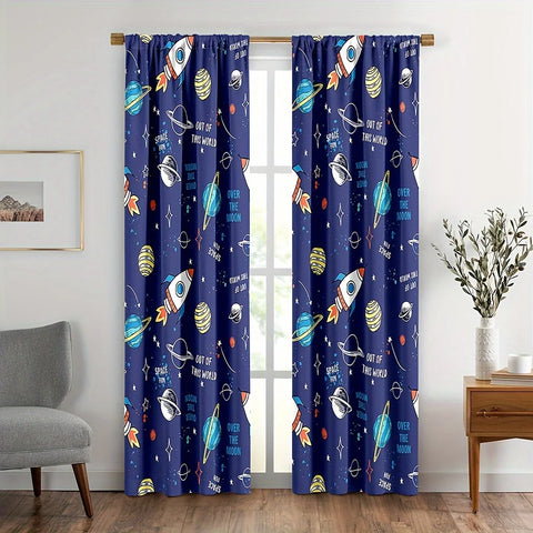 2PCS Cartoon Out Space Curtains for Boys Girls Universe Planet Window Drapes Rod Pocket Galaxy Rocket Astronaut Blue Curtains.