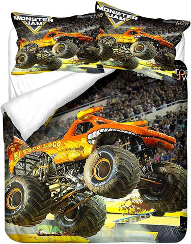 Cartoon Monster Truck Duvet Cover Sets,Soft Comfortable Breathable Bedding Set  with Pillowcases Zipper for Kids Boys Girls