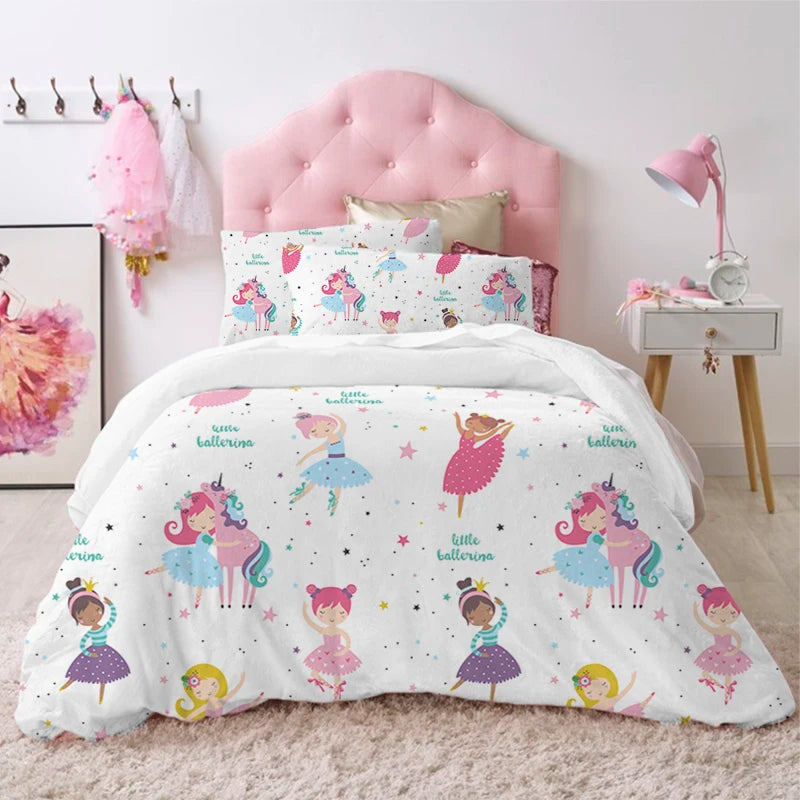 Modern Lovely Princess Kids Bedding Set Twin Size Microfiber Cartoon Unicorn Swan Ballet Girl Print Duvet Cover With Pillowcases