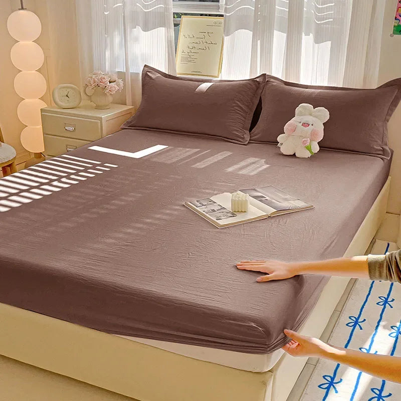 New Ultra-Thin Grid Pattern Fitted Sheet Set Washed Cotton Skin-Friendly Mattress Dust Cover Soft Breathable Household Mat