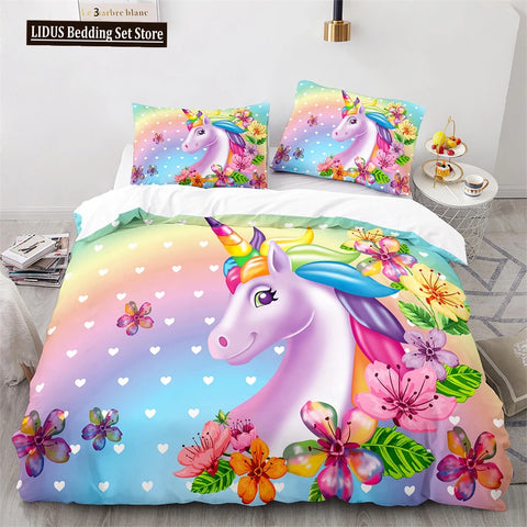 Unicorn Rainbow Duvet Cover Set King Twin Full Size Kids Boy Girl Bedding Set Colourful Cartoon Child Polyester Comforter Cover