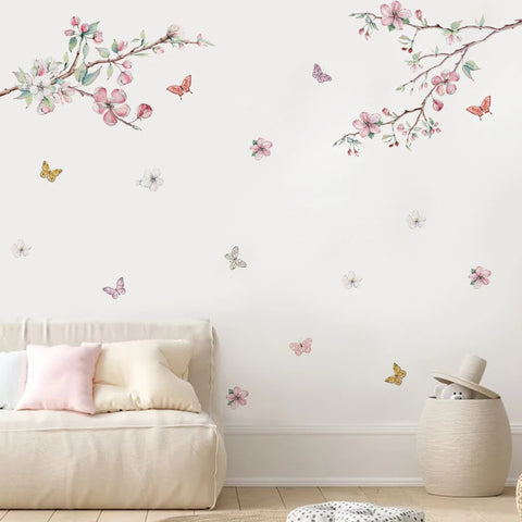 Pink Flowers Blooming Tree Branch Butterfly  Floral Watercolor Wall Stickers for Nursery Bedroom Living Room Wall Decals Murals