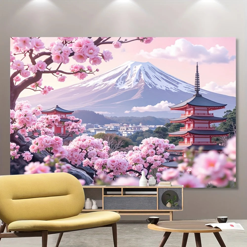 1 Piece Japanese Cherry Blossom & Fuji Mountain Tapestry - Polyester Material, Ideal for Living Room & Bedroom Decoration