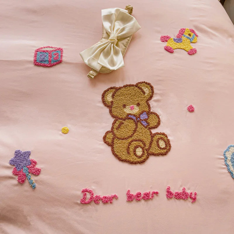 Cute Pink Cartoon Cat Towel Embroidery Girls Kids Bedding Set Soft Washed Cotton Duvet Covers Set Bed Sheet Pillowcases 3/4Pcs