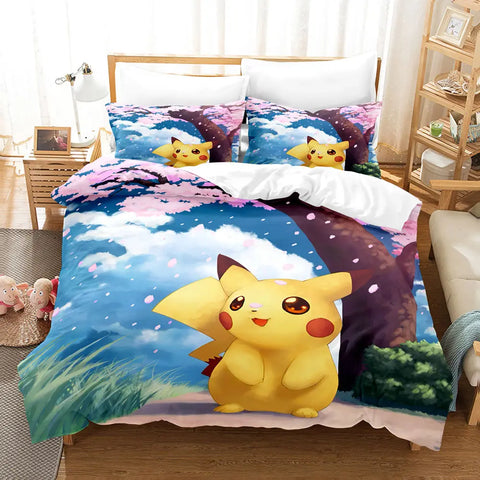 Kawaii Pokemoned Cartoon Anime Bedding Set Pikachu Gengar Eevee Charizard Quilt Duvet Cover Pillowcase Kid Bed Set Twin Size