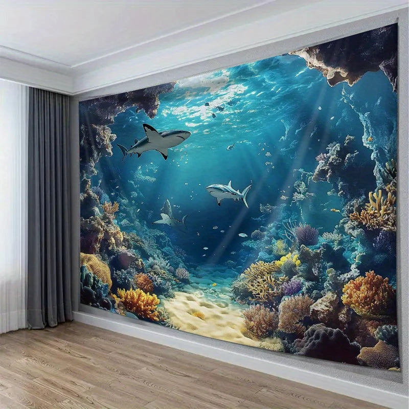 "Underwater Shark Tapestry - Polyester Brushed Fabric | Ocean Theme Wall Hanging for Living Room, No Battery/Electricity"