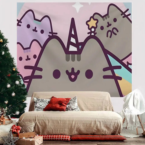 Cartoon P-PusheensS Cute Cat Tapestry Hanging Dormitory Room Bedspread Blanket Children's Room Party Home Decoration Gift