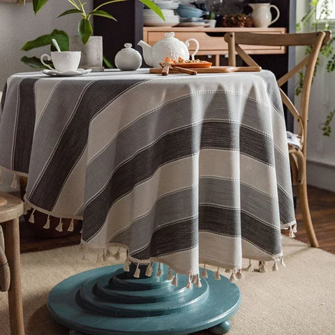 Solid Embroidery Round Tablecloth with Tassels Dust-Proof Table Cover for Kitchen Living Room Dinning Party Tabletop Decorations