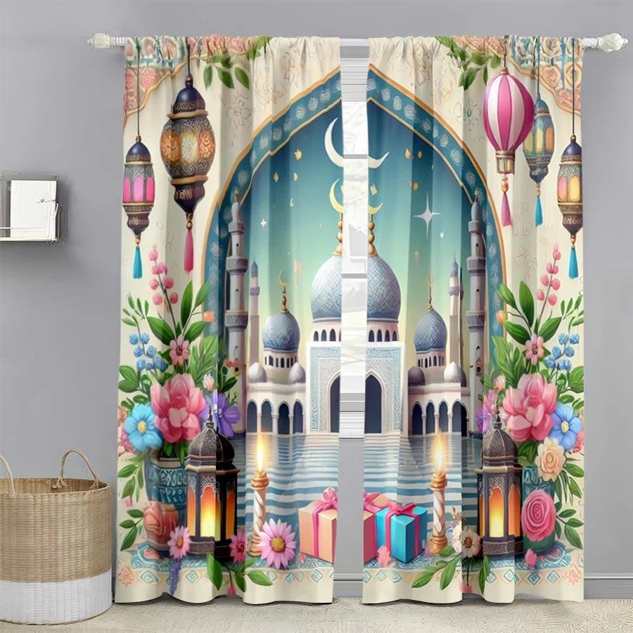2PCS fresh painted Islamic festival curtains, healing style, bedroom and living room, decorative curtains with drawbar pockets