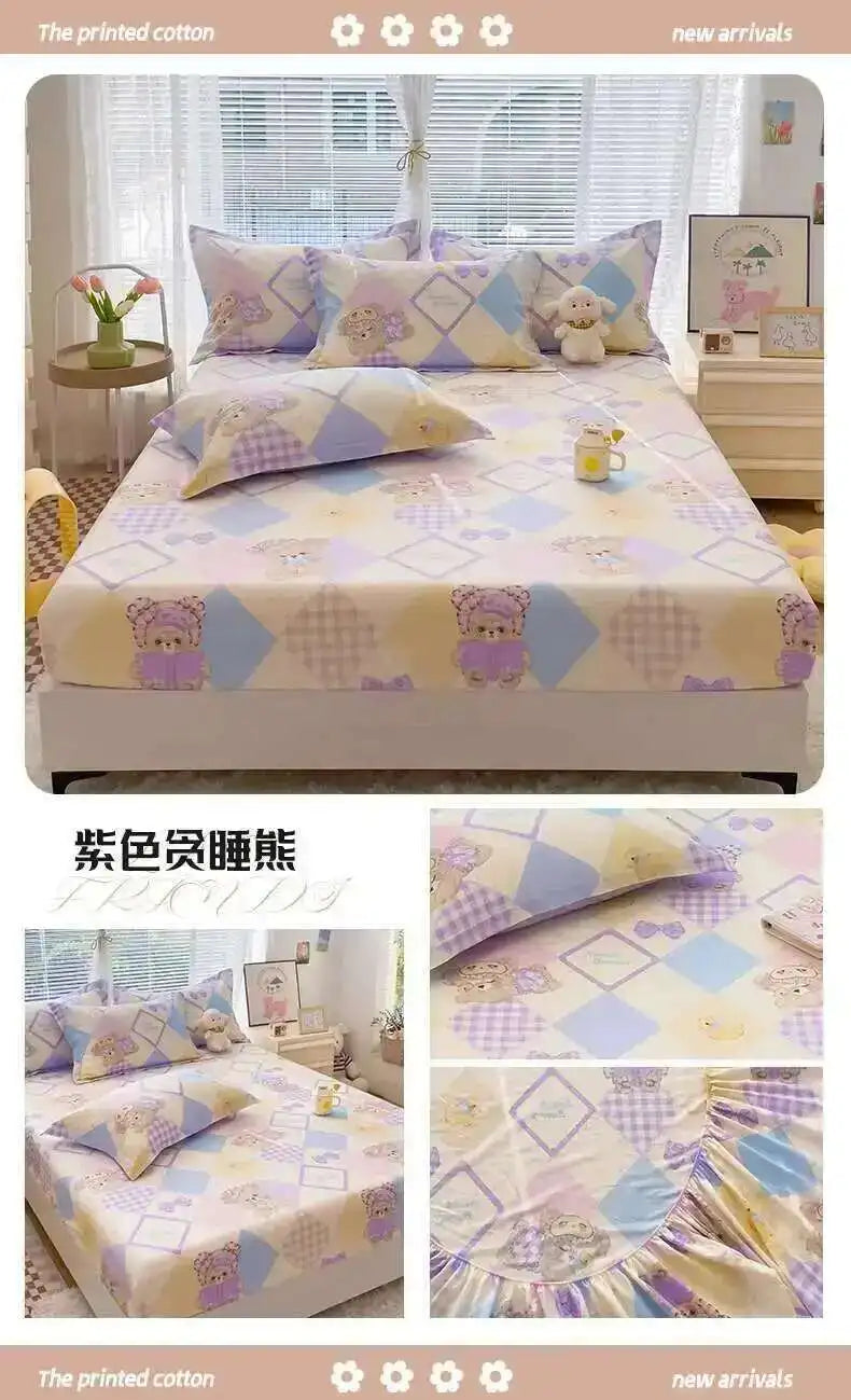 100% Cotton Kids Fitted Sheet - Pink Cartoon Print Single Size, Soft Bed Sheet Mattress Cover (No Pillowcase)