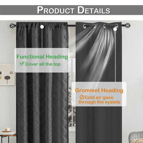 Quilted Blackout Curtains Heavy Duty Noise Reducing Thermal Insulated Drapes Liner Anti-cold Rod Pocket for Living Room Bedroom