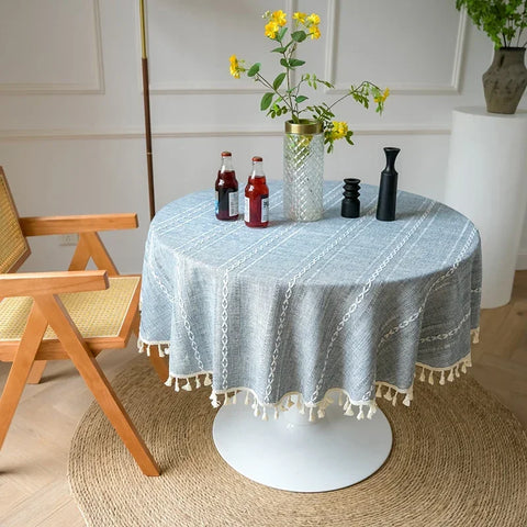 Solid Embroidery Round Tablecloth with Tassels Dust-Proof Table Cover for Kitchen Living Room Dinning Party Tabletop Decorations