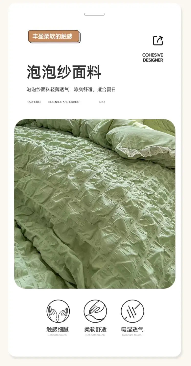 Korean Princess  Bedding Set Duvet Cover Ins Style Wash Cotton Solid Color Summer Soft Bed Sheet Set Comforter Set Quilt Cover