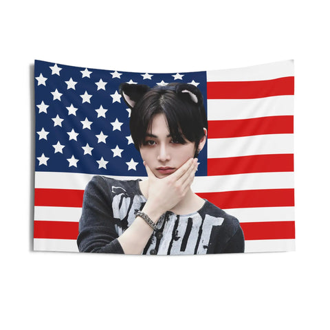 SKZ Bang Chan Tapestries Kpop Singer American Flags Tapestry Aesthetic Room Wall Art Decor Bedroom Background Cloth Fans Gift