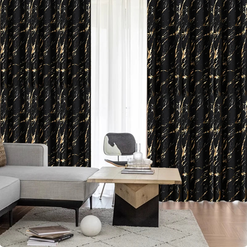 100% Blackout Curtains Luxury Marble Pattern Curtain With Gold Foil Precision Drilling For Home Decor Curtains For Living Room