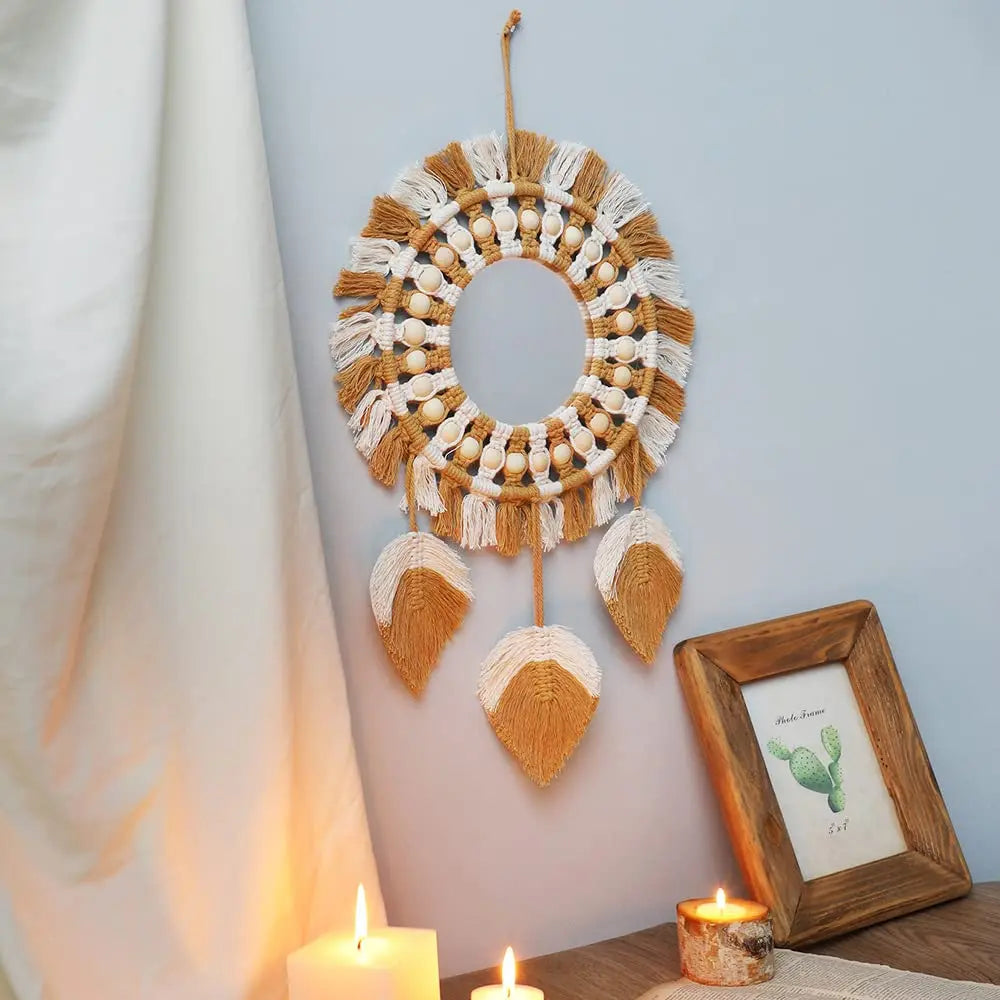 Boho Home Decor, Boho Wall Mounted Mirror, 12 Inch Round Wall Hanging Mirror for Living Room Bedroom Home Room Decoration