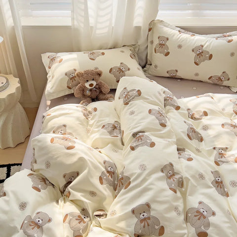 Cute Bear Duvet Cover Set for Teens, 3-Pieces Set 100%Cotton Comforter Cover with Pillow Shams, Soft Comfortable Kids Bedding