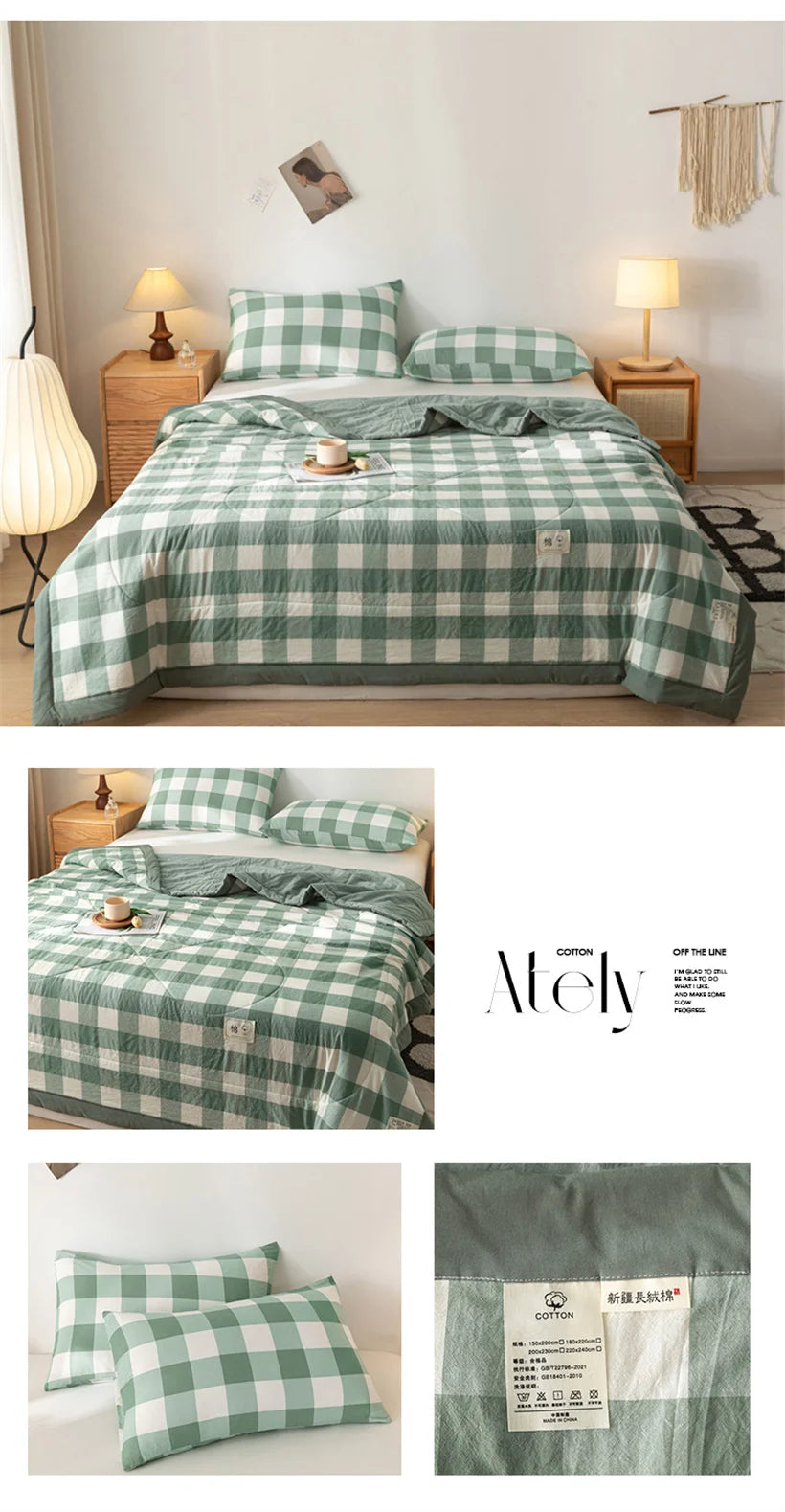 Ins Style Summer Quilt with 100% Cotton Filling Lightweight Skin-friendly Pure Cotton Quilt Plaid Style Thin Comforter Bed Duvet
