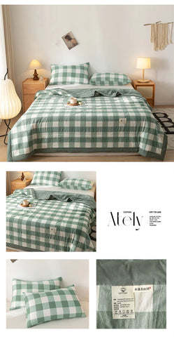 Ins Style Summer Quilt with 100% Cotton Filling Lightweight Skin-friendly Pure Cotton Quilt Plaid Style Thin Comforter Bed Duvet