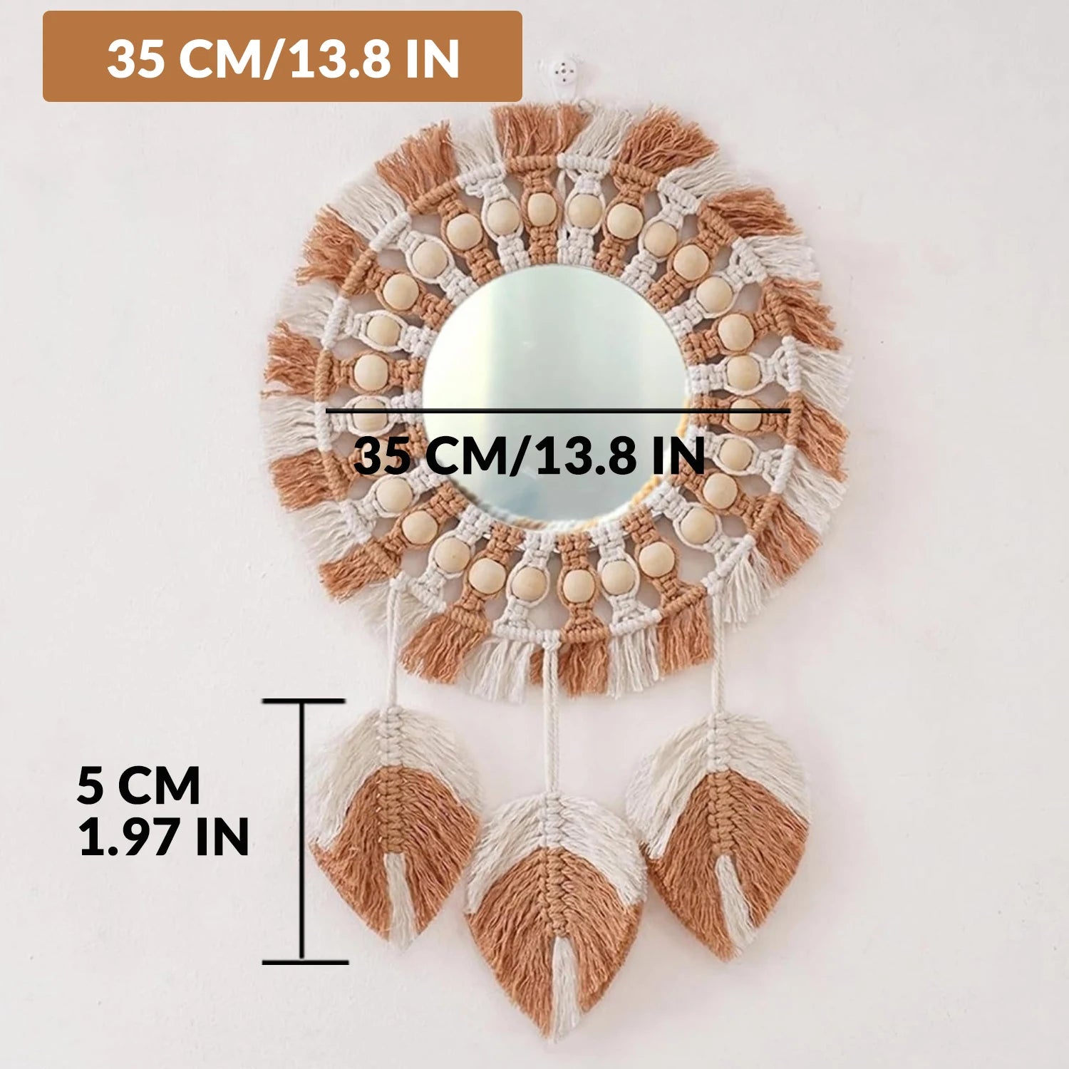 Macrame Hanging Wall Mirror, Boho Fringe Round Handmade Decorative Acrylic Mirror for Apartment Living Room Bedroom Home Decor