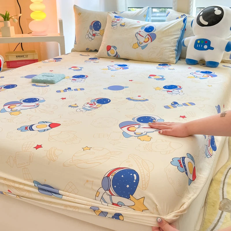 1pc 100%Cotton Bed Sheet for Kids Cartoon Style Car Printed Fitted Sheet with Elastic Band for Boys Pure Cotton Single Bed Cover