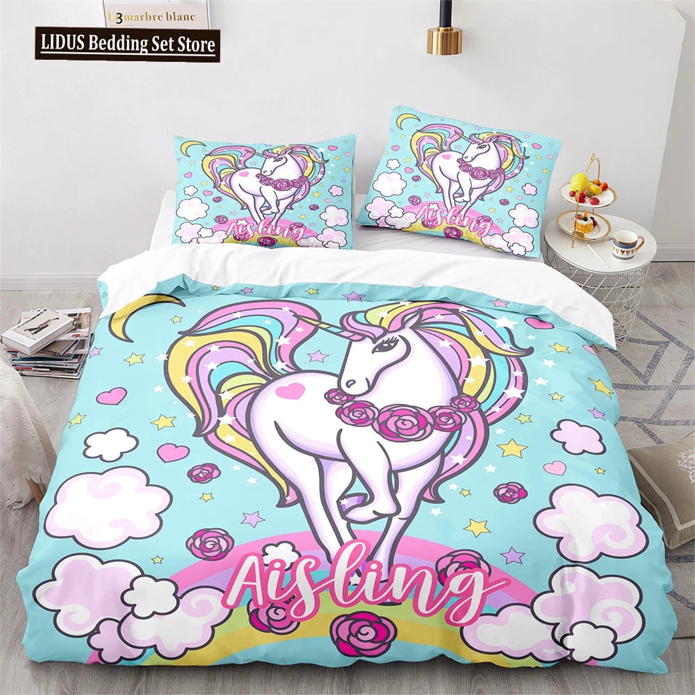 Unicorn Rainbow Duvet Cover Set King Twin Full Size Kids Boy Girl Bedding Set Colourful Cartoon Child Polyester Comforter Cover