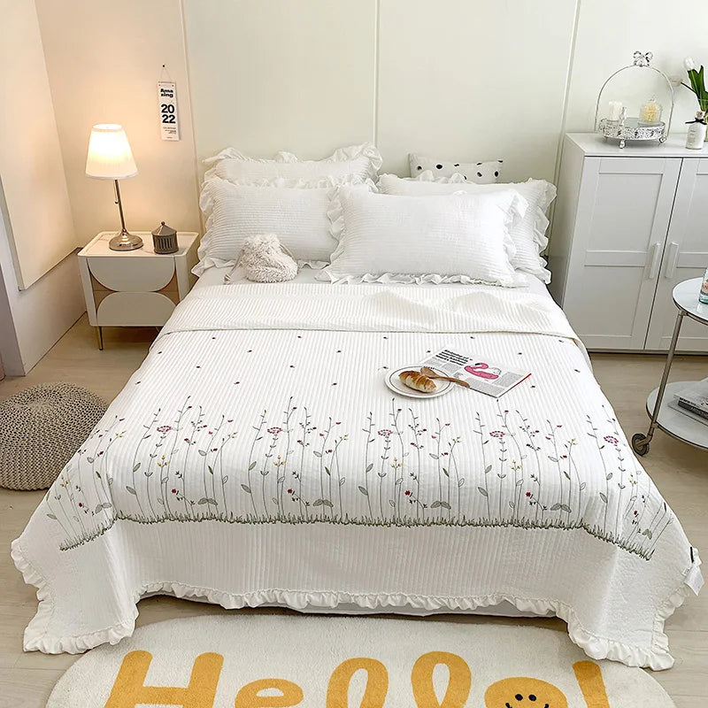 Fresh Flower Embroidered Summer Blanket 4/3/1 Pcs Ruffled Quilted Summer Quilt Set Machine Washable Lightweight Comforter Duvet