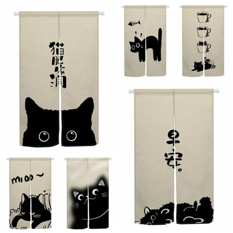 Japanese Cute Cat Door Curtain Izakaya Dining Room Blackout Partition Linen Doorway Curtains Room Entrance Hanging Half Curtains