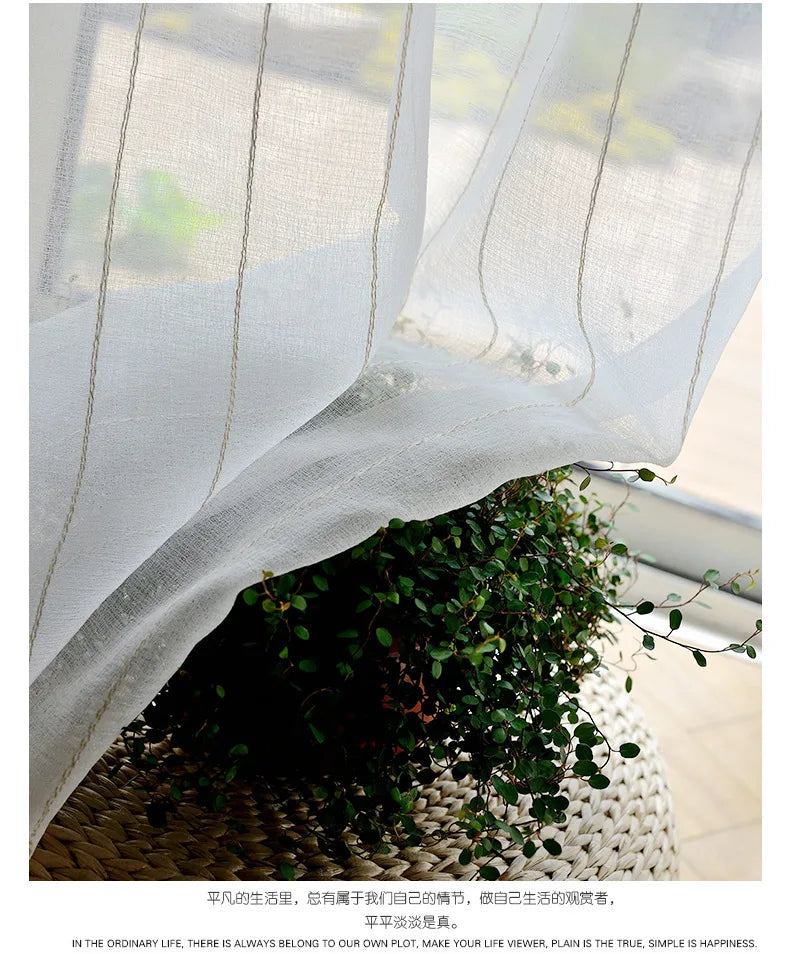 Nordic white Japanese linen cotton curtain tulle for bedroom living room striped gauze finished floating curtain balcony window