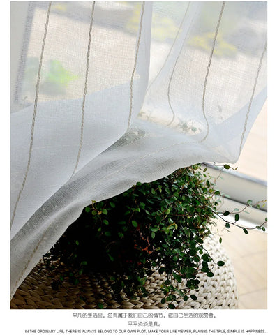 Nordic white Japanese linen cotton curtain tulle for bedroom living room striped gauze finished floating curtain balcony window