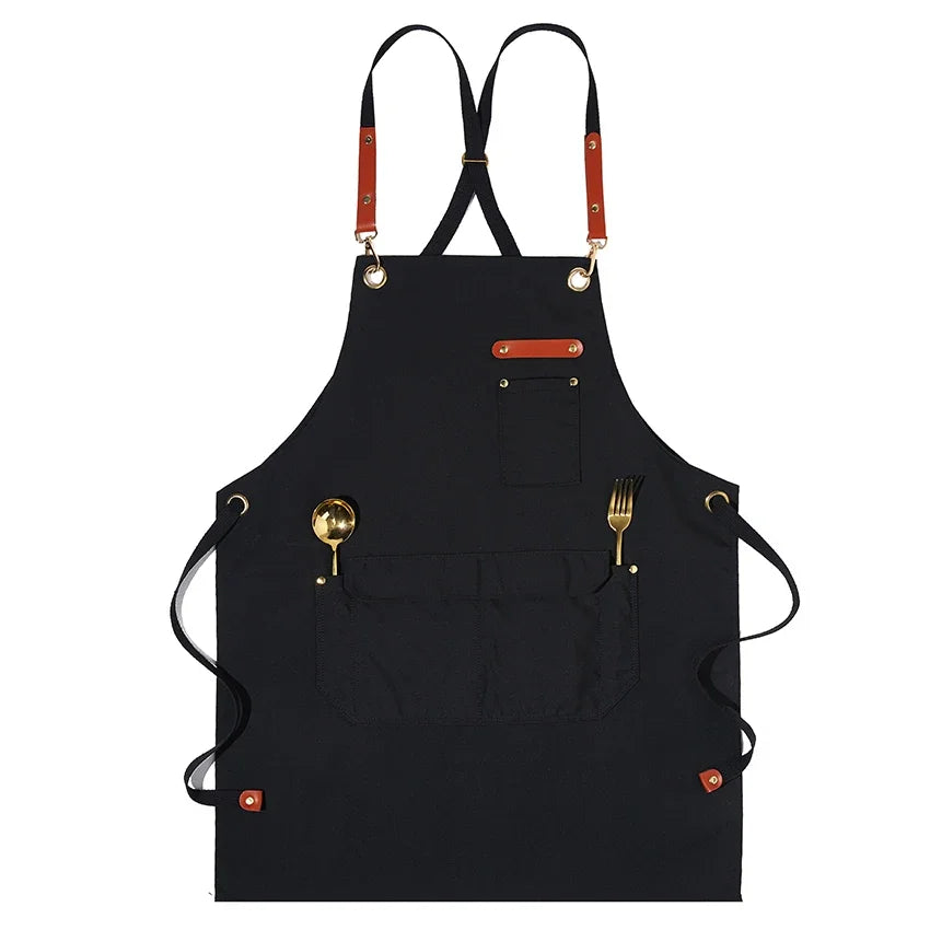 Fashion Unisex Work Apron For Men Canvas Black Apron Bib Adjustable Cooking Kitchen Aprons For Woman With Tool Pockets