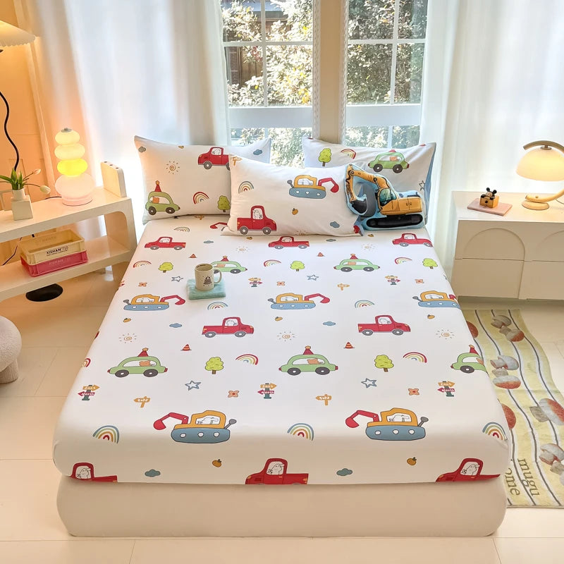 1pc 100%Cotton Bed Sheet for Kids Cartoon Style Car Printed Fitted Sheet with Elastic Band for Boys Pure Cotton Single Bed Cover
