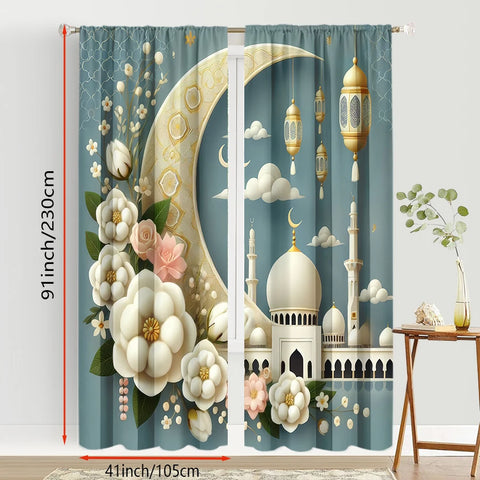2PCS light blue golden moon curtains, fresh breeze, bedroom and living room, decorative curtains with drawbar pockets