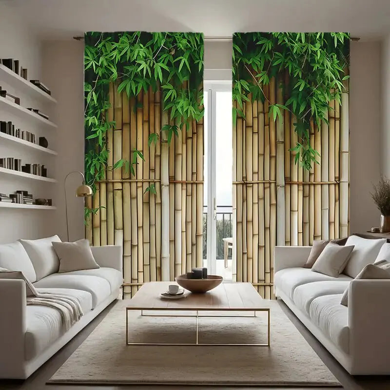 2pcs modern bamboo jacquard design printed curtains, pole bag curtains, home decoration, room decoration