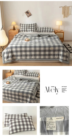 Ins Style Summer Quilt with 100% Cotton Filling Lightweight Skin-friendly Pure Cotton Quilt Plaid Style Thin Comforter Bed Duvet